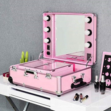 Professional Artist Makeup Case with Lights Aluminum Trolley Train Beauty Case with LED Mirror